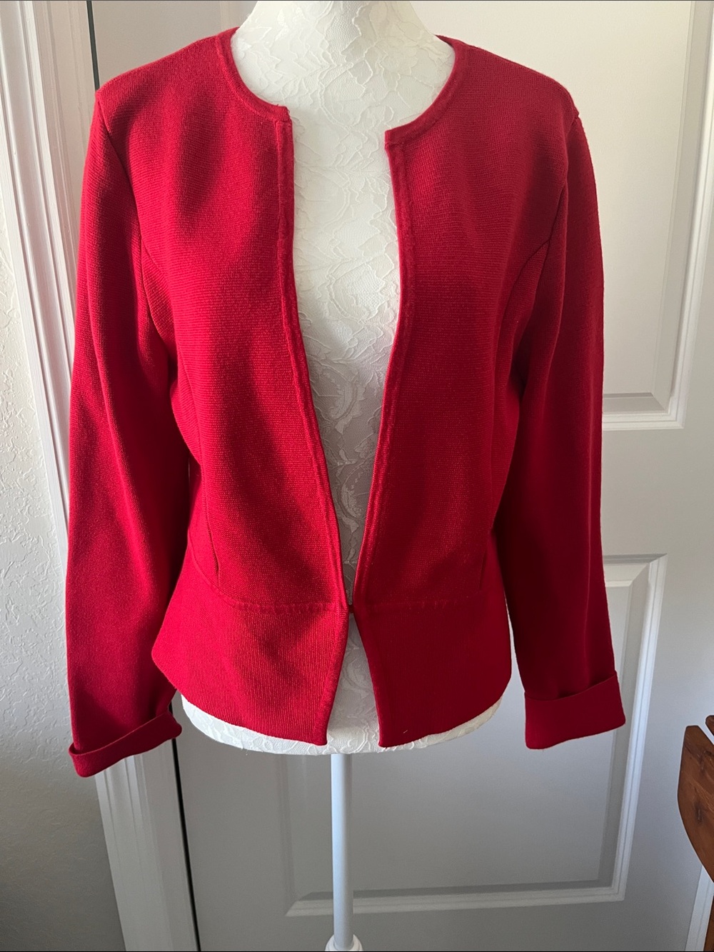 White House Black Market Red Open-Front Women's Knit Blazer/Jacket Sz L